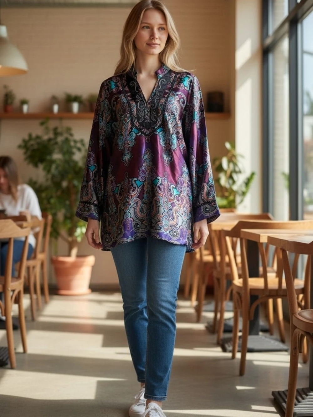 Lane Bryant Purple Paisley V-Neck Tunic with Teal Accentslan Size 14